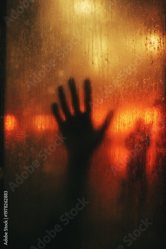 A silhouetted hand presses against a foggy glass pane, backlit by a warm, glowing orange light. Condensation on the surface obscures details, creating a mysterious, eerie atmosphere.