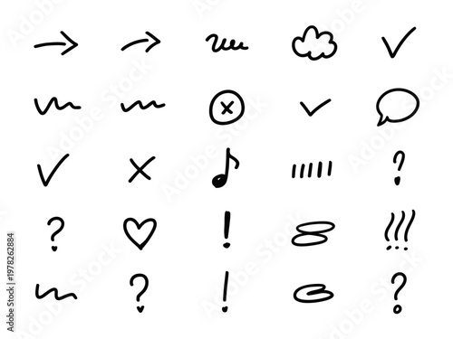 Hand drawn checkmarks, arrows, and punctuation marks on white background for communication and feedback concepts