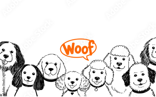 Group Of Happy Dogs Saying Woof On White Background For Pet Care Concepts