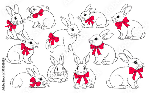Collection of rabbits with red bows on white background for Easter or gift concepts