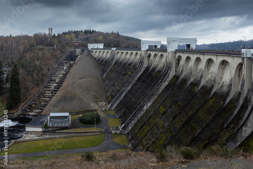 View of the 66m high Vesdre Dam (Barrage de la Vesdre), on Lake Eupen (Wesertalsperre), near Eupen, Belgium. Behind it is the largest drinking water reservoir in Belgium.