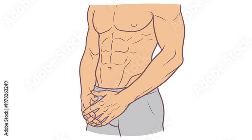 Anatomical Vector Illustration of a Muscular Man Torso with Hands on Groin Area Representing Men Health Awareness and Urology Issues