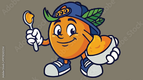 Cheerful Cartoon Orange Mascot Character Wearing a Blue Cap and Sneakers Holding a Spoon and Bowl of Jam, Playful Fruit Illustration for Healthy Food Branding