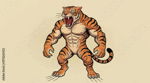 Strong Anthropomorphic Tiger Man Illustration with Muscular Body and Aggressive Roar on Vintage Background