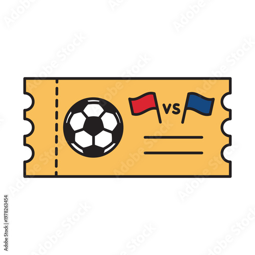 A flat vector illustration of a yellow football ticket featuring a black and white ball, red and blue flags, and versus text for a sports tournament.