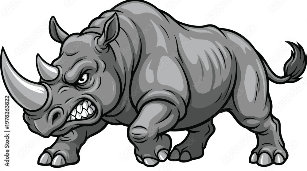 Fototapeta premium Powerful Gray Rhinoceros Mascot with Sharp Horn and Aggressive Expression Vector Illustration Isolated on White Background