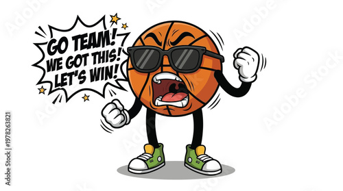 Energetic Cartoon Basketball Mascot with Sunglasses and Sneakers Shouting Motivational Team Spirit Slogan on White Background