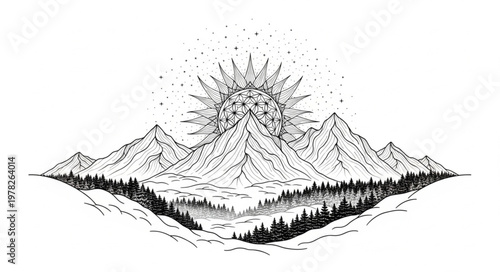 Detailed Mountain Range Illustration with Explosive Summit and Dense Forest.