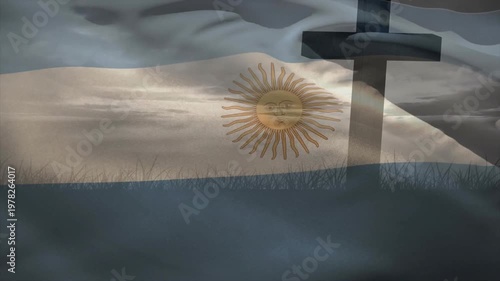 Wind stirring Argentina flag, rippling, revealing Sun emblem, obscuring cross and grass, education