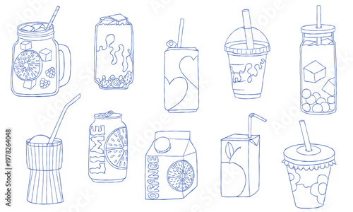 Refreshing drinks set with bubble tea, citrus juice, ice coffee, soda with ice cubes. Mediterranean blue line art hand drawn vector doodle collection for packaging, branding, menus, design, stickers