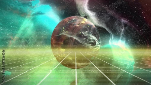 Loop starting, central sphere rotating over neon grid, orb pulsing, smoke rising, VHS glow for tech