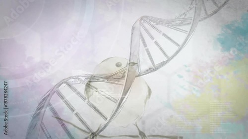 DNA helix rotating and revealing stylized bird on branch in science graphic, illustrating interplay