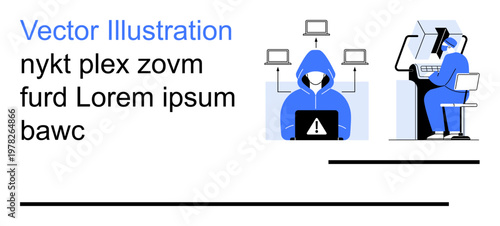 Cybersecurity, hacking, data protection, online privacy, internet security, system monitoring. Hooded hacker with laptop and warning icon, person analyzing data at a workstation. Cybersecurity