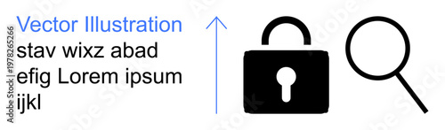 Cybersecurity, data protection, digital privacy, data analysis, search functionality, hacking prevention. A padlock and magnifying glass icons. Cybersecurity and data protection concept