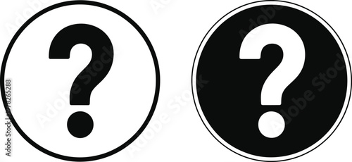 Question mark icon set, minimalist black and white vector circles featuring question symbols for web, apps, and informational graphic design.