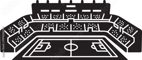 Black soccer stadium vector icon, football arena with grandstands and pitch, professional sports venue silhouette