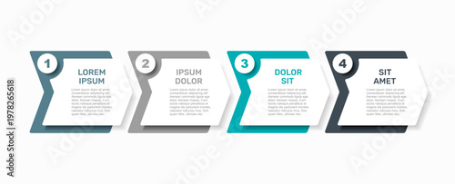Four-step horizontal flow chart infographic with sections, icons, placeholder text for business processes. Vector illustration.