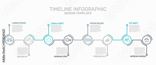 Horizontal timeline infographic template with colorful circular icons, progress line, and placeholder text. Vector illustration.