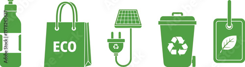 Set of green ecofriendly icons representing sustainability and recycling