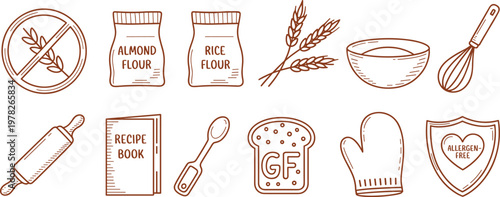 Hand drawn gluten free baking icons set line art food illustration for web print