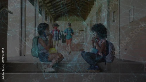 Two pupils eating snacks on school steps, network overlay tracking coming pupils passing to class