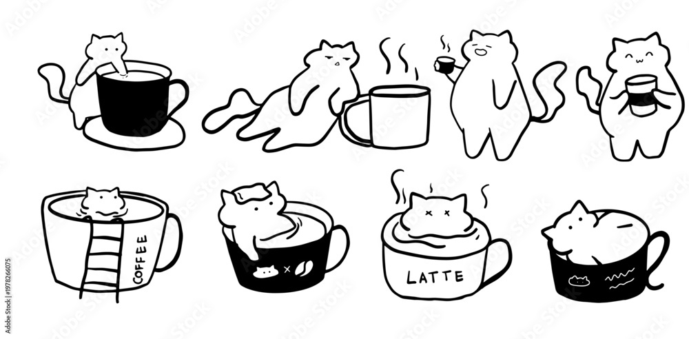 Obraz premium Whimsical black and white illustration of cats enjoying coffee and relaxation