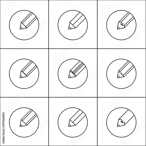A grid of nine identical circular icons, each depicting a sharpened pencil in a minimalist line art style against a clean white background