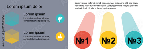 Illustration of a flowchart and segmented iconography with placeholder text