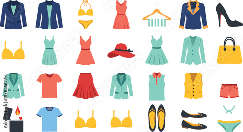 Women fashion clothing and accessories vector icon set featuring dresses blazers swimwear shoes and handbags for e-commerce retail store and seasonal wardrobe design.