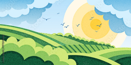 Minimalistic stylized landscape, spring summer view, green meadows and hills, picturesque sky and sun, noisy texture, vector illustration