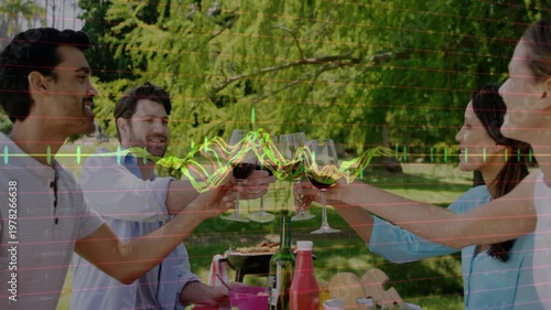 Waveform pulse starting, four friends raising wine glasses toward center, clinking and toasting joy