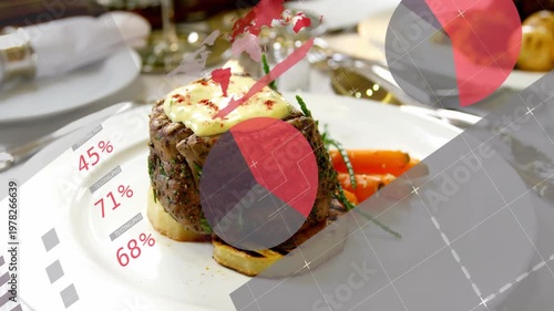 Seared beef fillet resting on potato coin in dining, overlays sliding from left showing % doneness