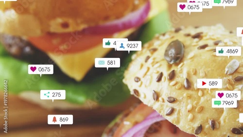 Ping causing seeded burger staying center while social icons popping, grouping, fading to show buzz