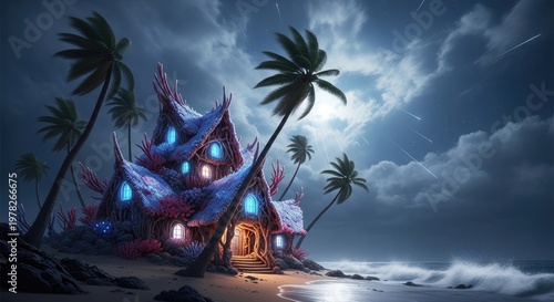 Enchanting Beachside Palace Under the Moonlight.