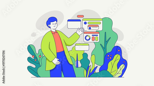 Man managing data dashboards in a lush green digital illustration, perfect for technology or business concepts. Suitable for website.