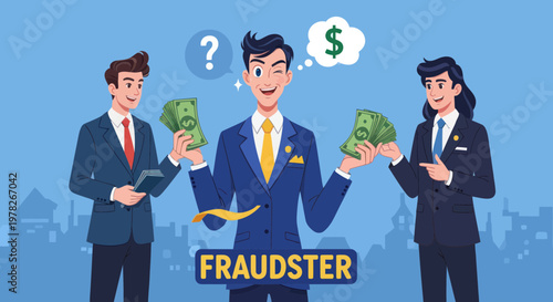 Fraudster deceiving colleagues with money, business scam, financial crime concept