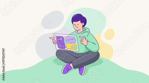 Person using a transparent tablet on the floor. Suitable for technology, digital communication, education, and creative concepts for websites.