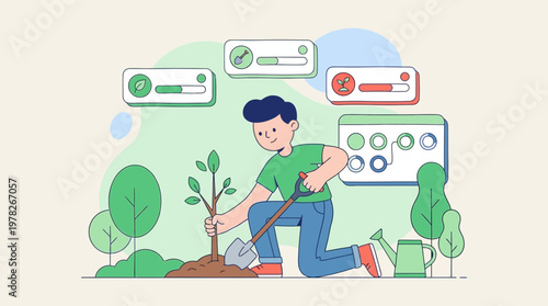 Person planting a tree with progress indicator graphics, suitable for environmental activism and sustainable development campaigns. Green initiative or charity promotions.
