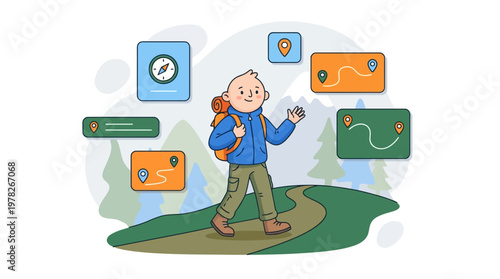Hiker with navigation icons in front of a mountain backdrop. Great for outdoor adventure blogs and marketing materials.