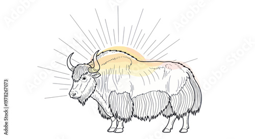 Hand-drawn illustration of a yak with sunburst and watercolor accents