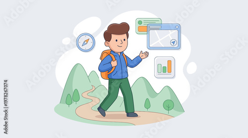 Hiker walking by mountains with visible app icons. Suitable for technology or outdoor adventure concepts in digital media.