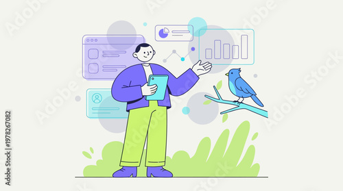 Man analyzing data with a blue bird on a branch, ideal for illustrating technology, growth, nature, data, innovation, research.