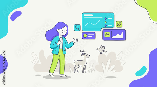 Girl surrounded by data charts, a deer, and a bird suitable for data analysis or naturerelated design projects. Suitable for data analysis visual aids or naturethemed marketing materials.