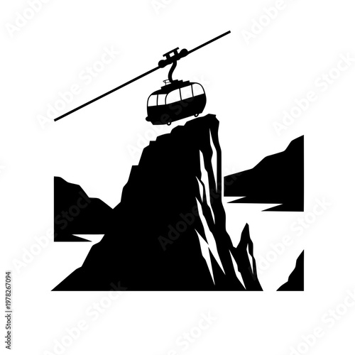 Minimalist cable car vector illustration, mountain gondola silhouette over rocky peaks, alpine ski lift transport icon for travel and tourism