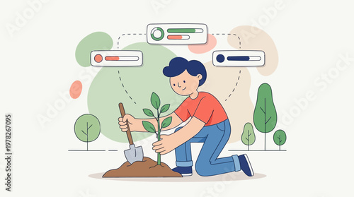 Boy planting tree with progress bars in landscape. Suitable for environmental or ecofriendly campaigns showing growth and sustainability progress.