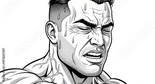 Man Straining Face, Intense Effort, Sweat Droplets, Comic Art Style
