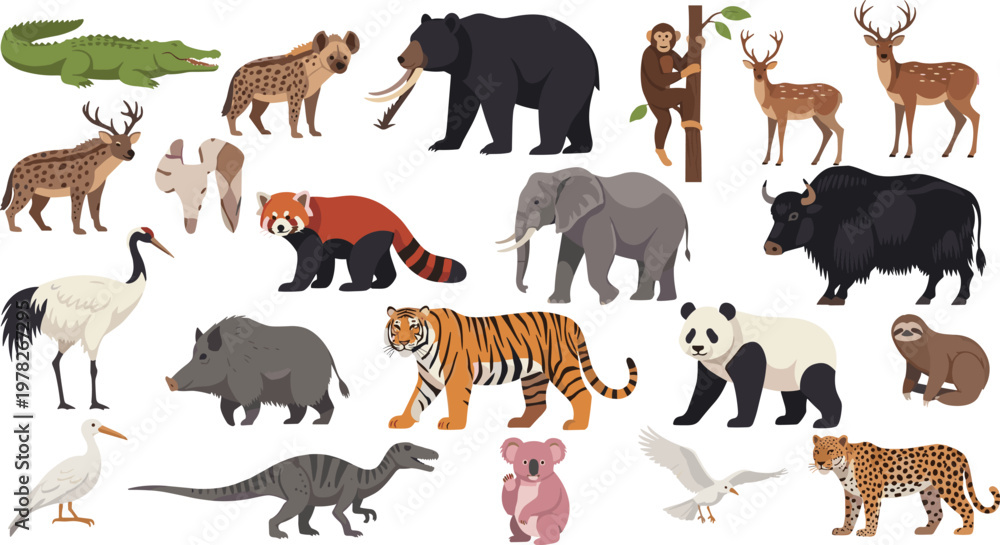 Obraz premium Wild Animal Vector Collection with Tiger Panda Elephant Bear Crocodile Hyena Yak Deer Monkey Leopard and Diverse Wildlife in Flat Illustration Style.