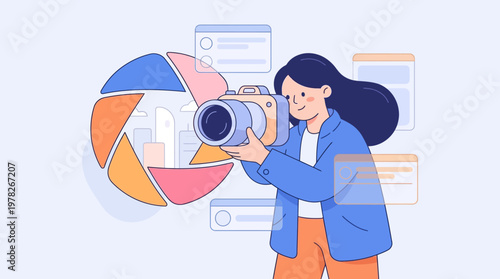 Portrait of a woman with camera and abstract shutter lens drawing. Perfect for photography and designrelated projects, brochures, and websites.