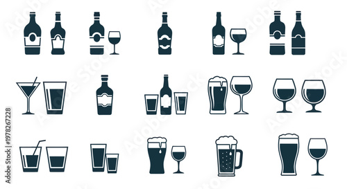 Alcoholic Drinks Icons: Bottles, Glasses, Cocktails, Beer, Wine