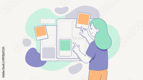 Woman arranging photos on a mood board with abstract shapes for design inspiration. Perfect for creative projects and visual planning.